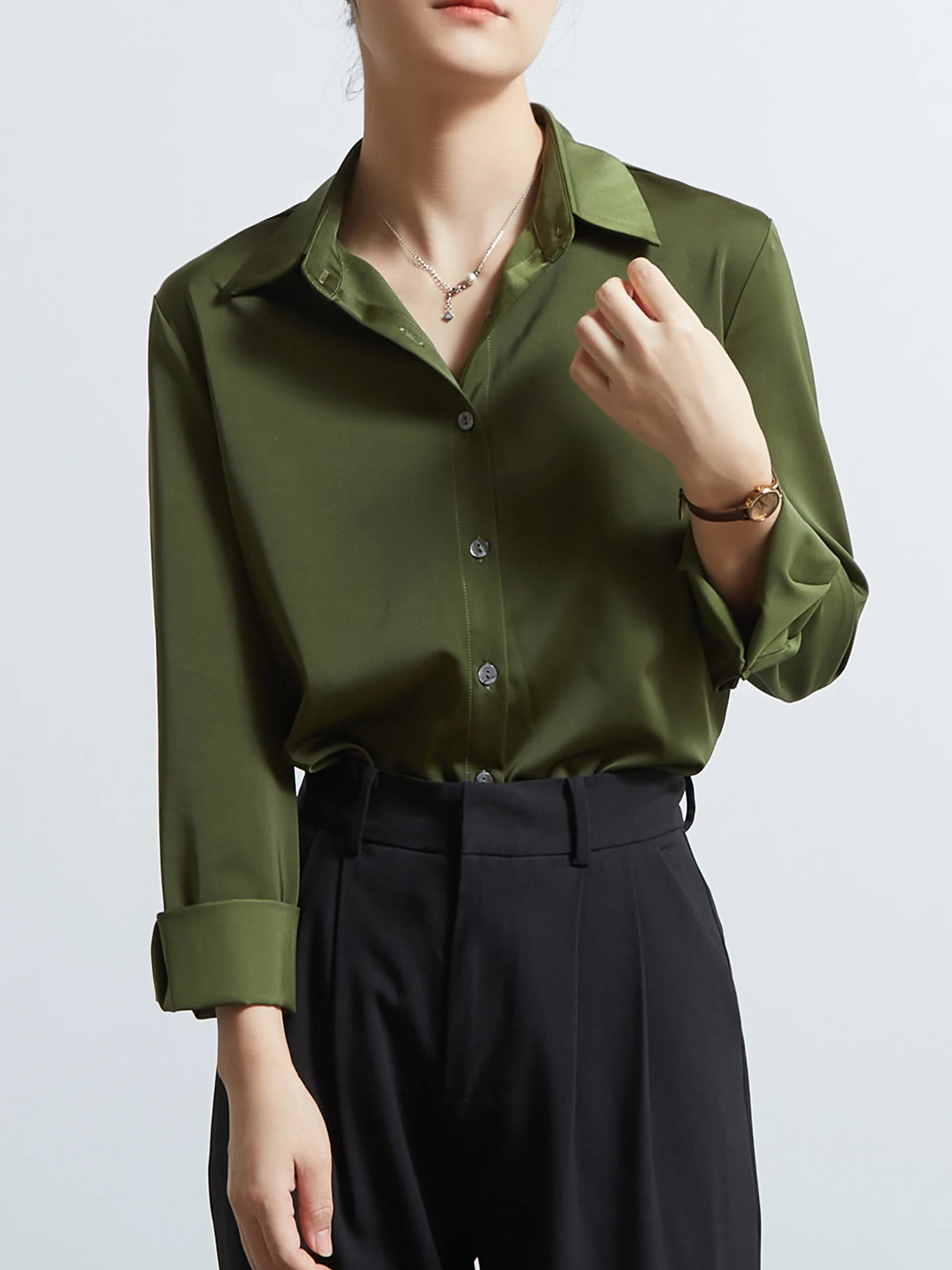 

CHICBLISS Silk Shirt Women's Autumn New Professional OL Drape Commuting Olive Green Long Sleeve Women's Shirt Collar But...