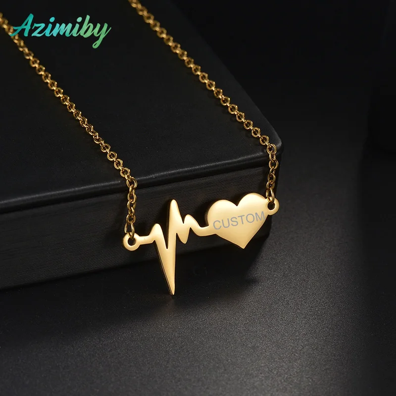 Azimiby Romantic Stainless Steel Heart Pendant Personalized Heartbeat Necklace Name Women Engraving Text Party Couple Gifts