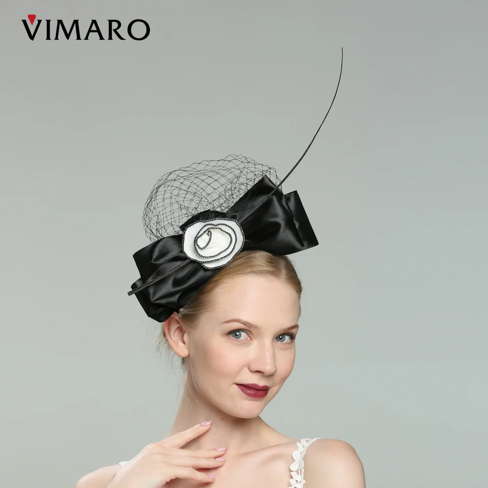 VIMARO Black Satin Fascinators for Women Elegant Headbands Fascinator Hats for Women Wedding and Church Derby Hat Women