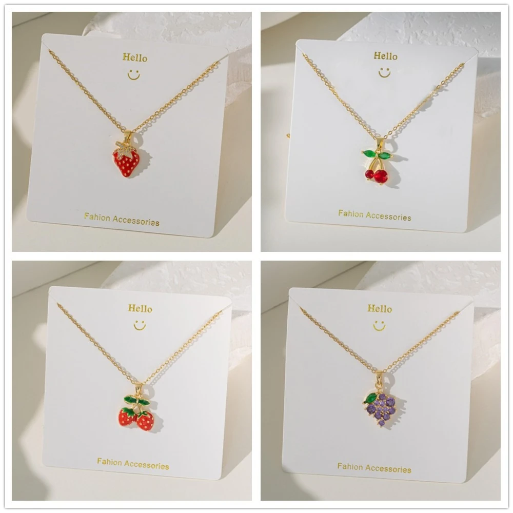 Cute Sweet Gold Color Stainless Steel Fruit Strawberry Cherry Grapes Pendant Necklace for Women Charm Korea Collar Jewelry Gift