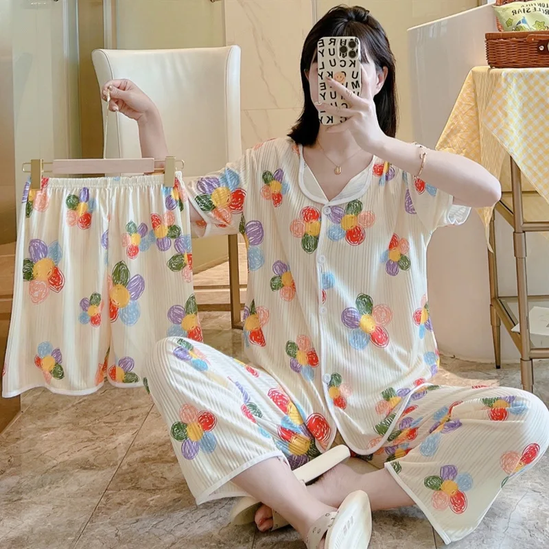 Women\'s Pajamas Three-piece Bows Pajamas Female Cartoon Short Sleeve Long Pants Lapel Loungewear Set Pajamas Female Home Wear