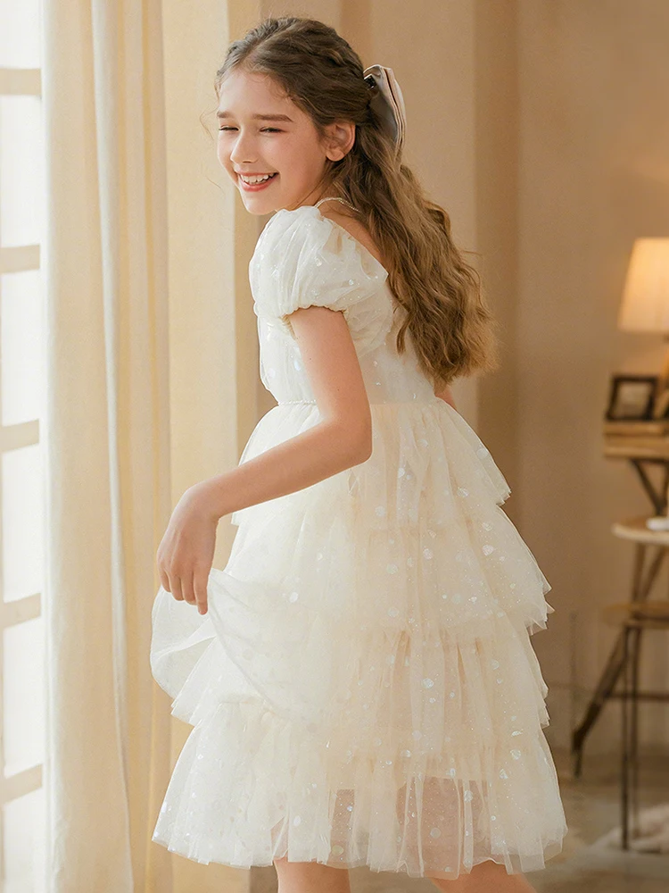 Baby Girls Summer Short Sleeve Dresses 3yrs 13T Kids Birthday Party Wear Wedding Flower Girl Cute Beige Clothing 110CM 170CM