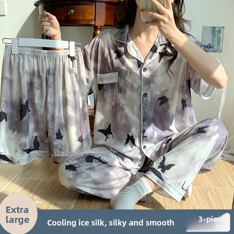 

plus Size Ice Silk ort Sve Spwear Women's Loose Long Pants Cartoon Home Tee Piece Set Comfortable Breathable Summer...