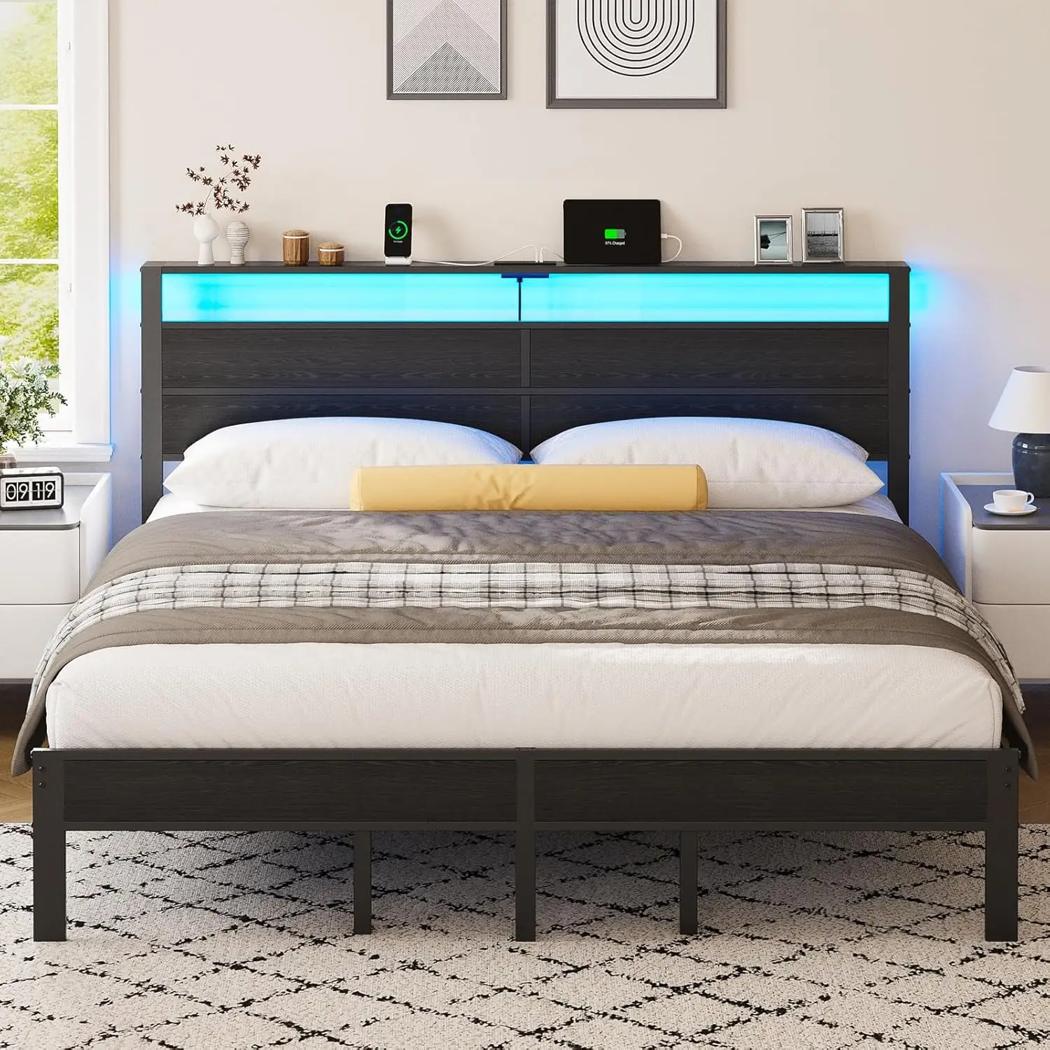 

King Size Bed Frame with LED Lights and Charging Station, King Size Platform Bed with Metal Slats and Wood Headboard, No Box