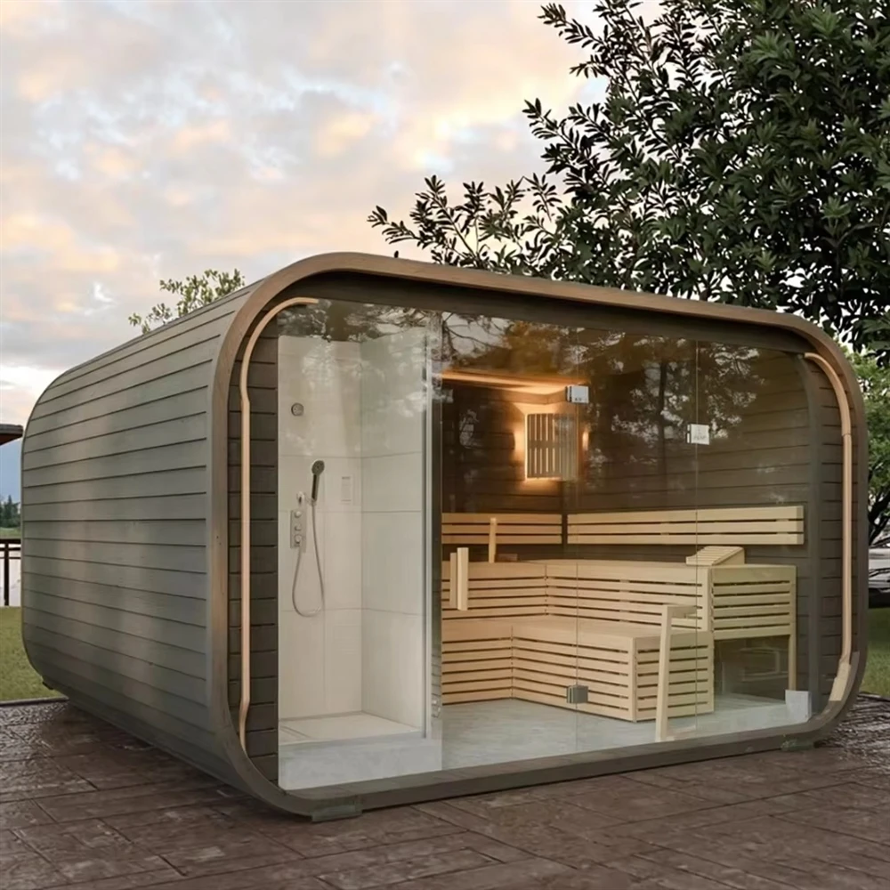 The Modern Hemlock Outdoor Sauna Is Equipped With A Villa Stove And Stones