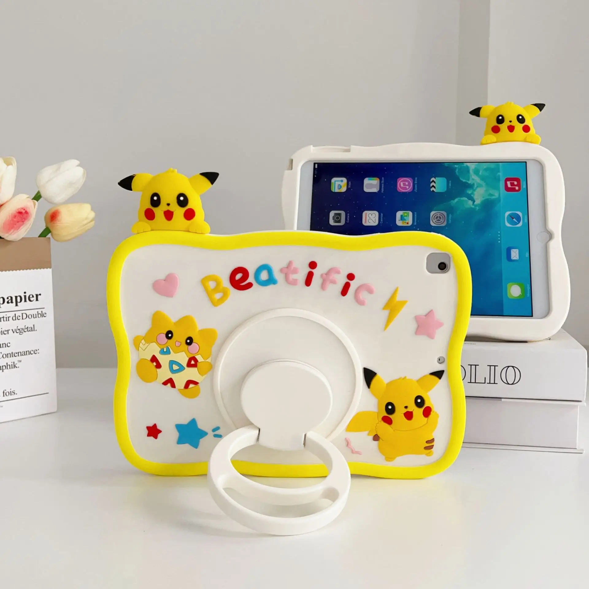 Cartoon Pikachu Tablet Cover For iPad 9th 8th 7th 10th Gen Air 5 4 10.9 5th 6th Mini 6 Pro 11 360 Rotating Stand Silicone Case