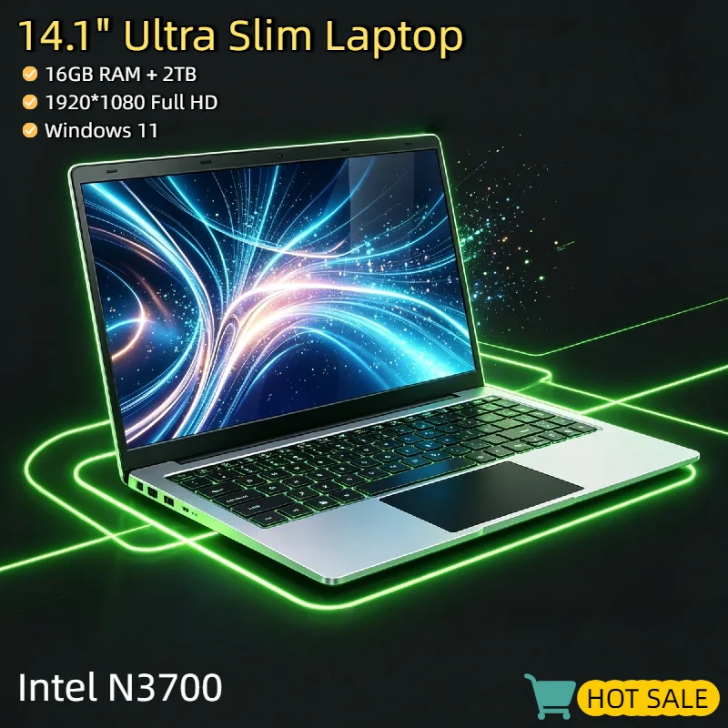 New Ultra Slim 14.1" Laptop Windows 11 16GB RAM 2TB SSD Intel N3700 1920x1080 HD Notebook for Office Study Light Gaming