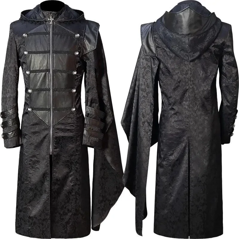 

NewEuropean And American Men's Steam Retro Pay Stand Up Collar Black Leather Punk Special Envoy Cape Coat2025
