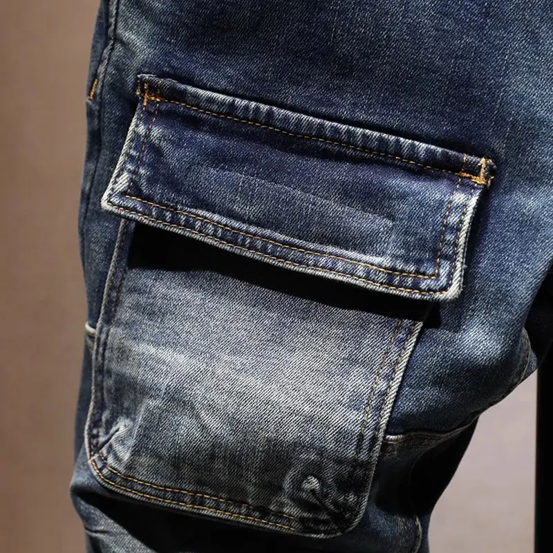 

Y2k Italian new jeans with large pockets, nostalgic stretch, slim fit, painted blue jeans, high street patchwork pants, hombre