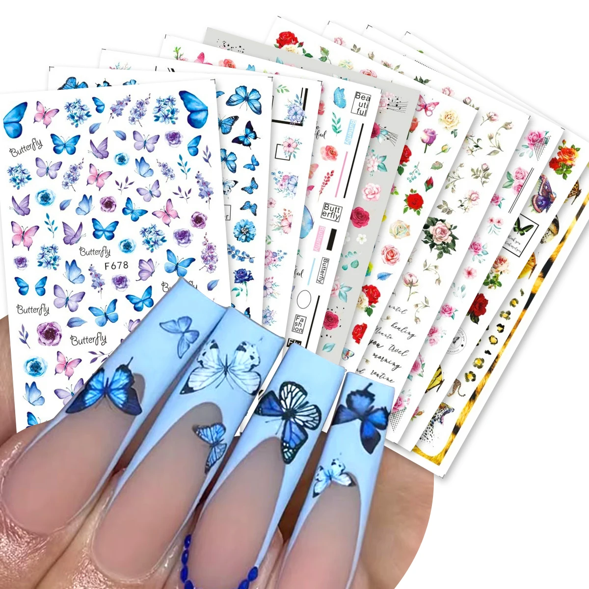 10pcs Elegant ผีเสื้อเล็บสติกเกอร์เล็บผีเสื้อสีฟ้าเสือดาว Retro ดอกไม้กาวรูปลอกงานแต่งงาน Charm เล็บเคล็ดลับ