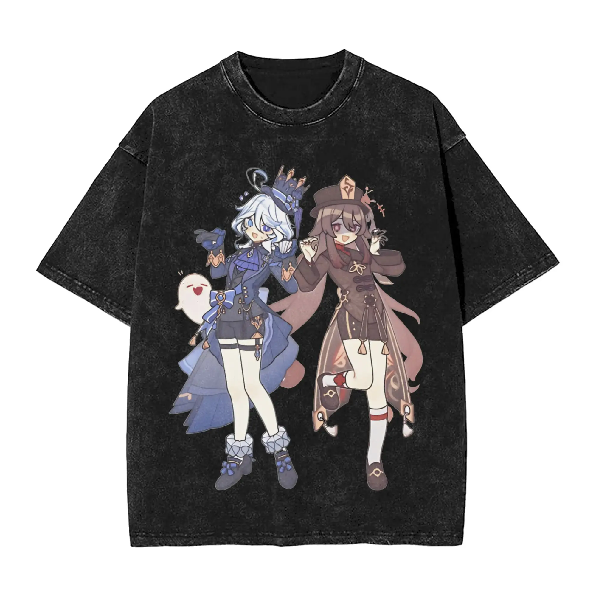 Furina Hutao Washed T Shirt Vintage T-Shirts Genshin Impact Game Tee Shirt for Men Women 100% Cotton High Street Summer