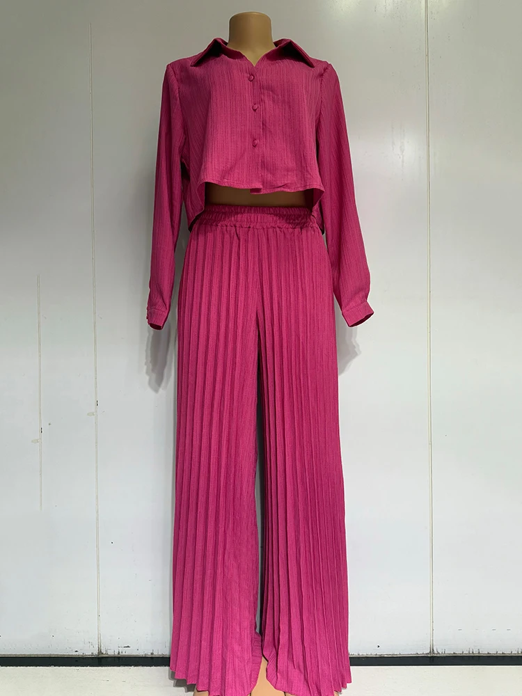 Solid color lapel long-sleeved short shirt two-piece set 2025 Autumn women's fashion set + pleated loose wide-leg pants