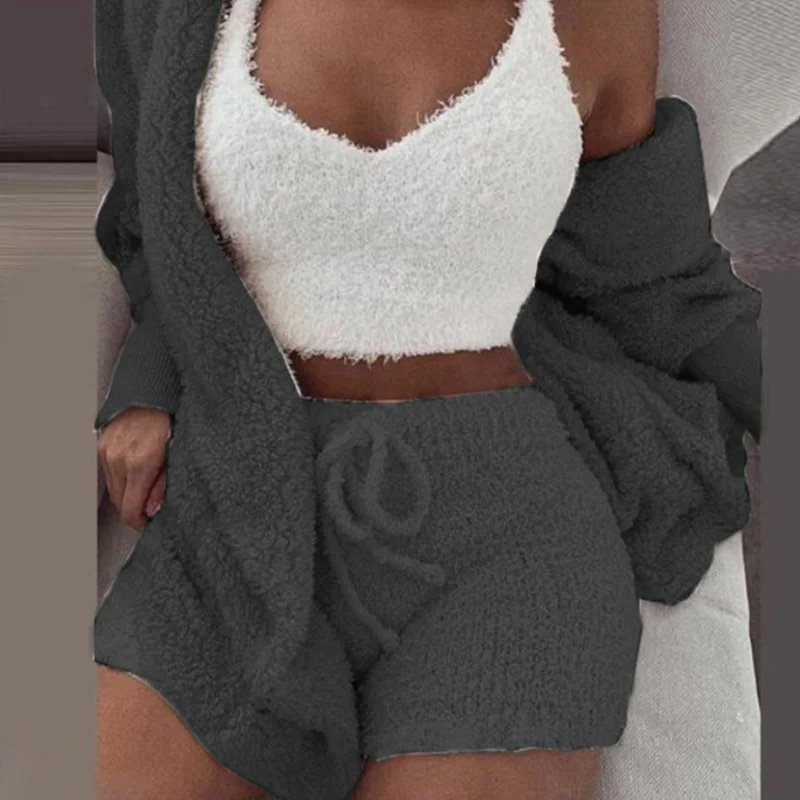 Plush Home Three-piece Pajamas Women Casual Pajamas Vest Shorts Plus Size Hoodie Casual Jumpsuit Winter Fluffy Pajamas Suit