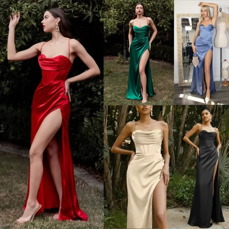 夏のエレガントなサテンスリングマキシドレス、女性用バックレスセクシードレス、イブニングパーティーウェア、スリムフィットのベスティド、女性服