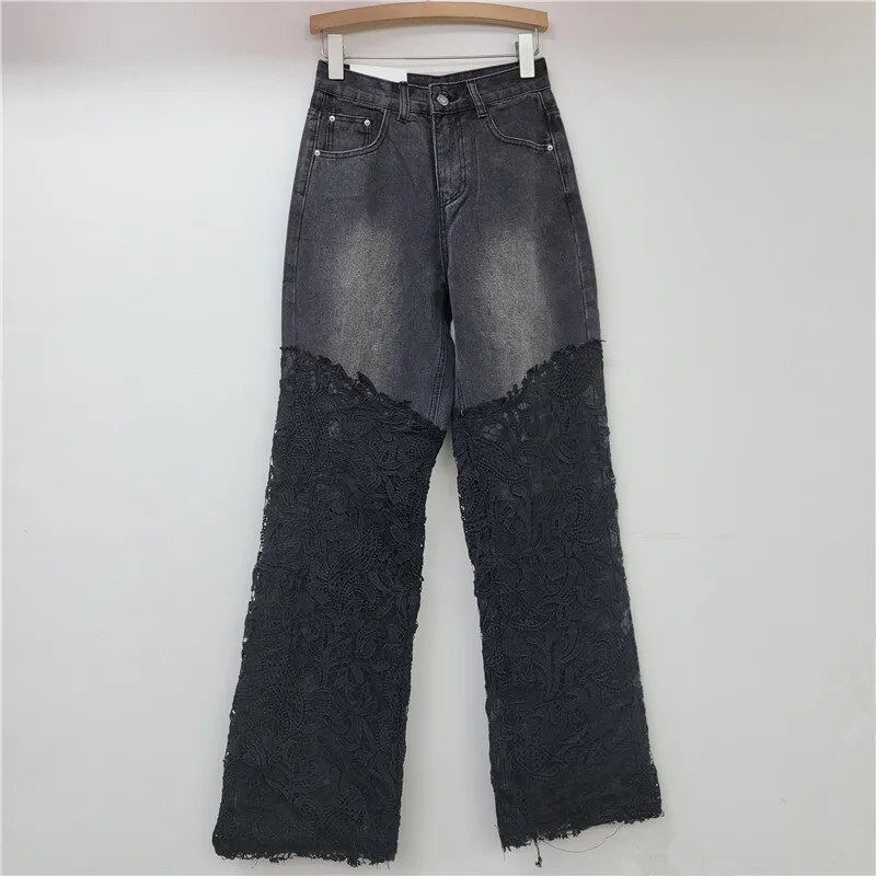 [zoci] High Waisted Wide Jeans Autumn New Style Hollowed Out Lace Splicing Hanging Loose Straight Leg