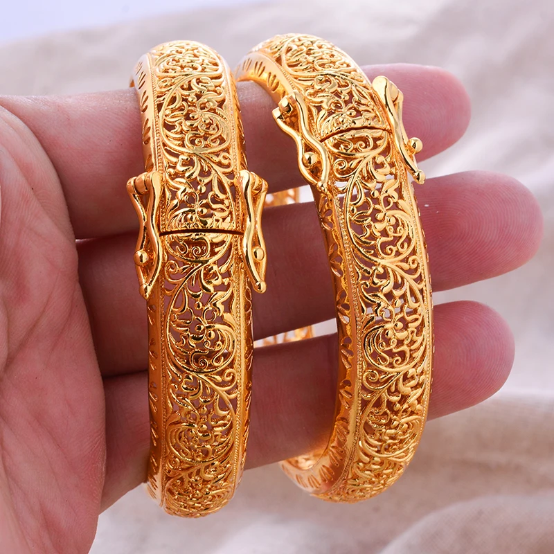 Dubai Gold Color Bangles For Women African Bride Wedding Banquet Party Bracelet Jewelry Gifts Arabic Charm Flower Shape Bangles