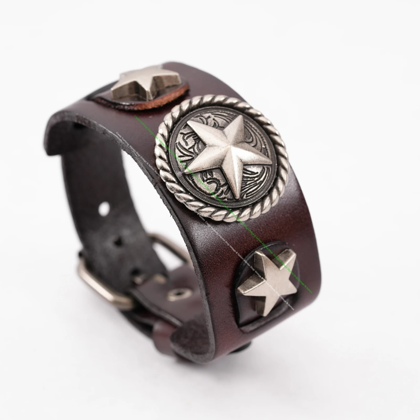 Star Button Style Metal Studded Genuine Punk Quality Wide Cowhide Leather Bracelet Cuff Wristband Bangle Brown
