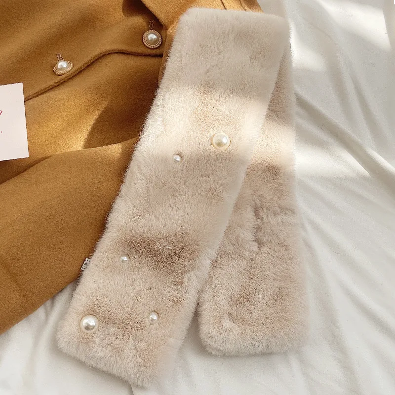 Korean Winter Faux Rabbit Fur Women Scarf 2023 New Oft Plush Snood Scarves Solid Color Pearl Neck Collar Cross Fluffy Scarves