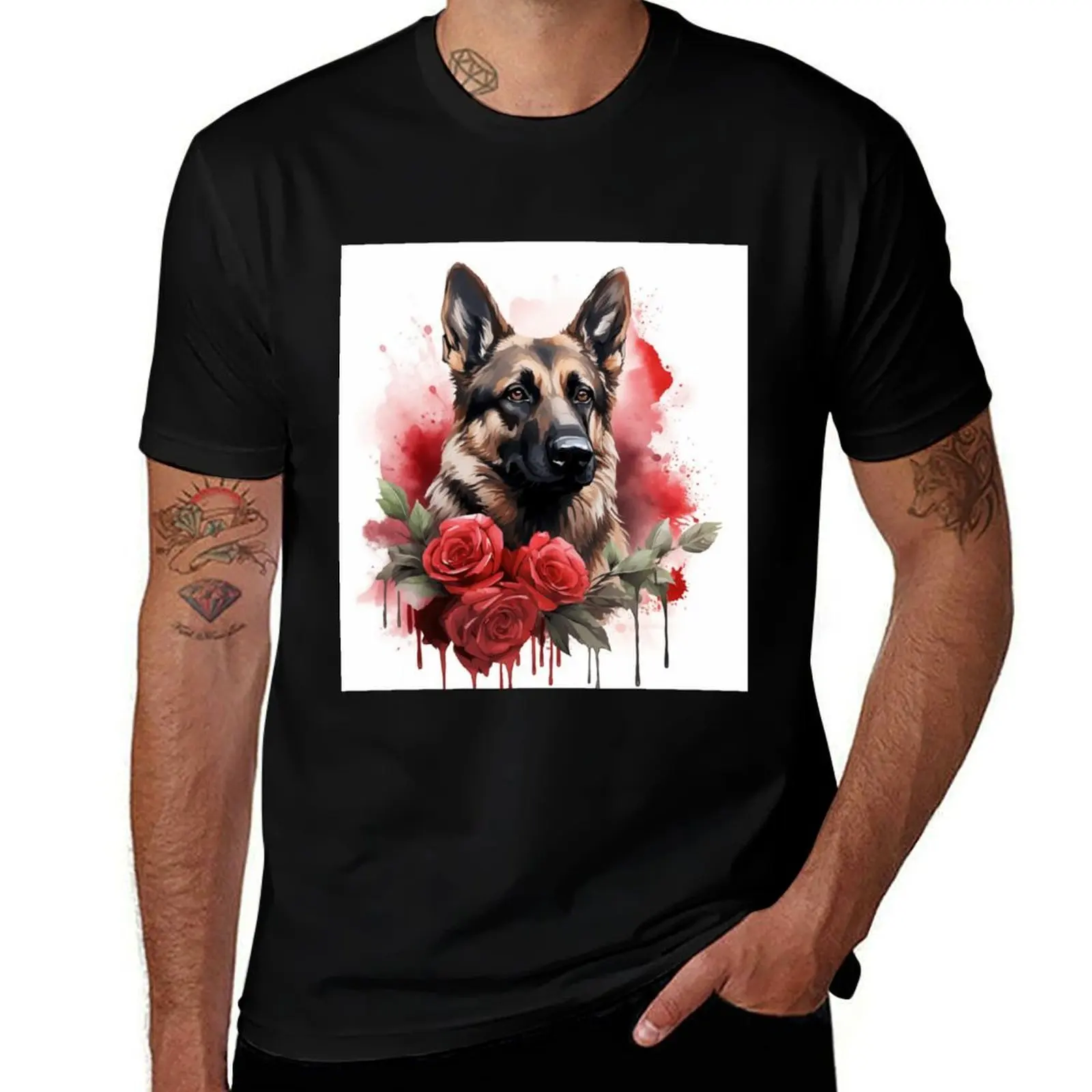 

German Shepherd Dogs with Roses T-Shirt vintage designer shirts custom t shirt sweat shirts, men