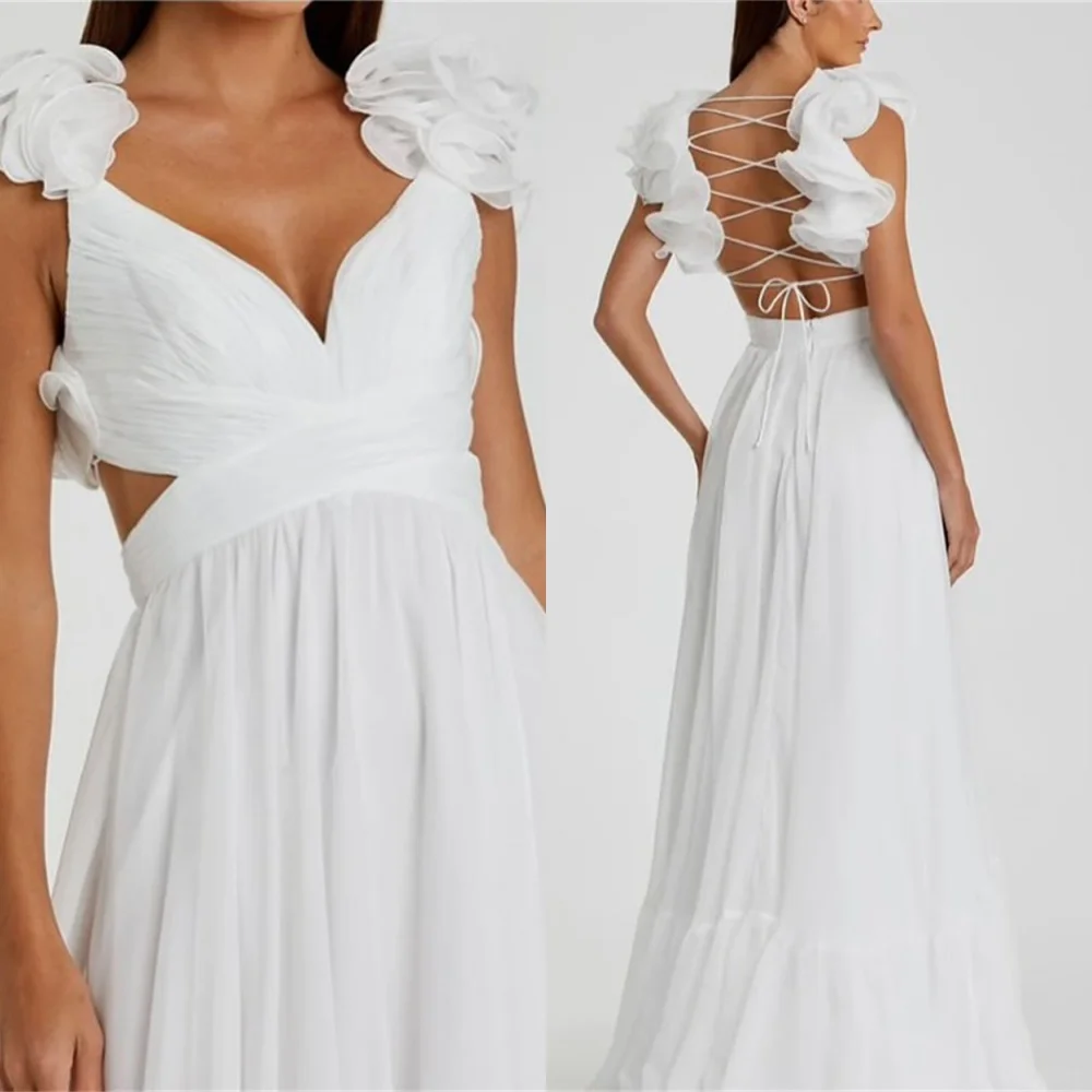 

Customized Elegant Graceful White Chiffon Evening DressHigh Quality V-Neck Spaghetti Straps Lace Up Back Homecoming Dress