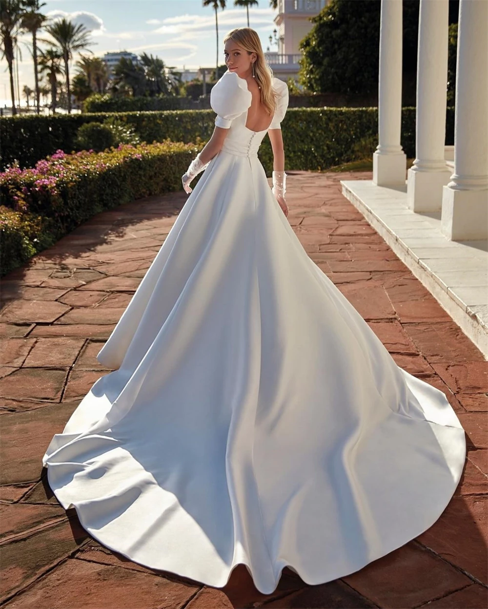 Vestidos De Novia De satén De color marfil exquisitos personalizados, Vestido De Novia sencillo De corte en A, vestidos De Novia elegantes con cuello cuadrado y mangas abullonadas