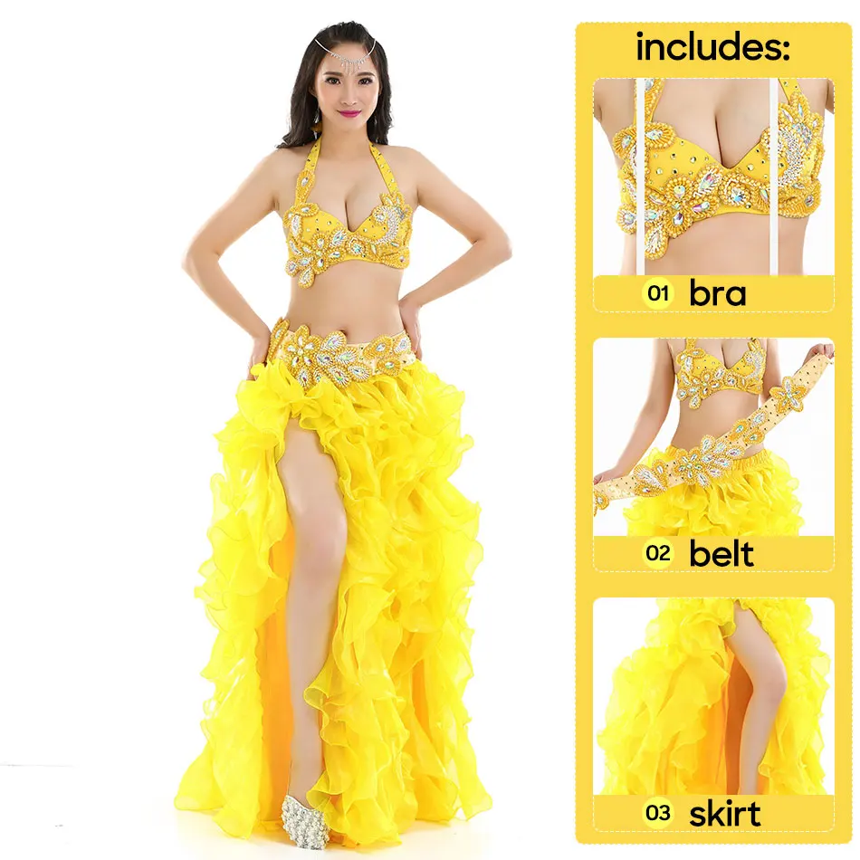 Belly Dance Costume 3 Pieces Set Handmade Bra Belt & Skirt 3 Color Options Practice Clothes For Adult Women Stage Performance