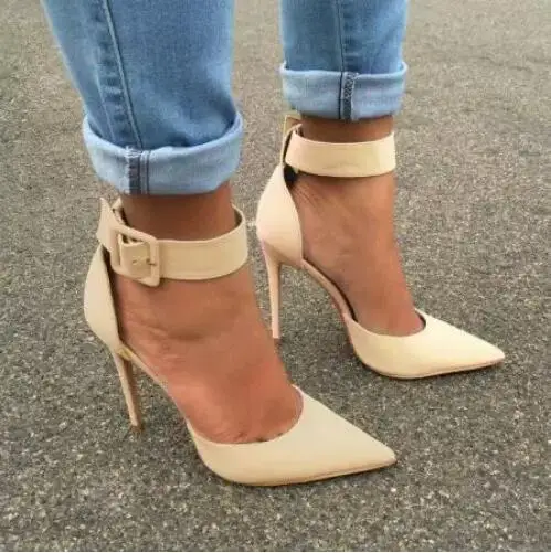Drop Shipping Women Hot Beige Pointed Toe Big Buckle Ankle Strap Cover Heel Hollow Thin Heels Pumps Female High Heel Sandals