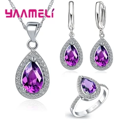 925 Sterling Silver Wedding Bridal Jewelry Sets CZ Crystal Water Drop Cubic Zircon Necklace Earrings Ring  Birthday Gifts