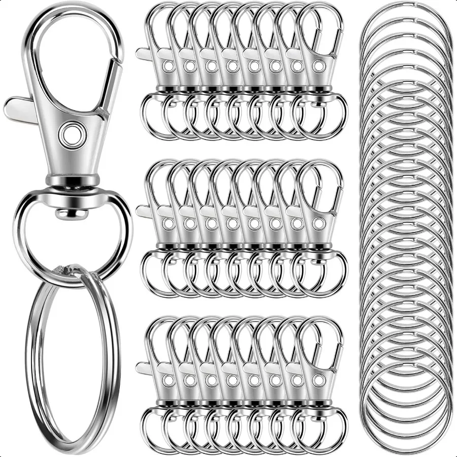 50 Stück Metall-Karabinerverschluss mit Schlüsselringen, 25 Stück Schlüsselanhänger, Clips, Haken und 25 Stück Schlüsselanhänger, Ringe, Schlüsselanhänger, Zubehör, Schlüsselanhänger