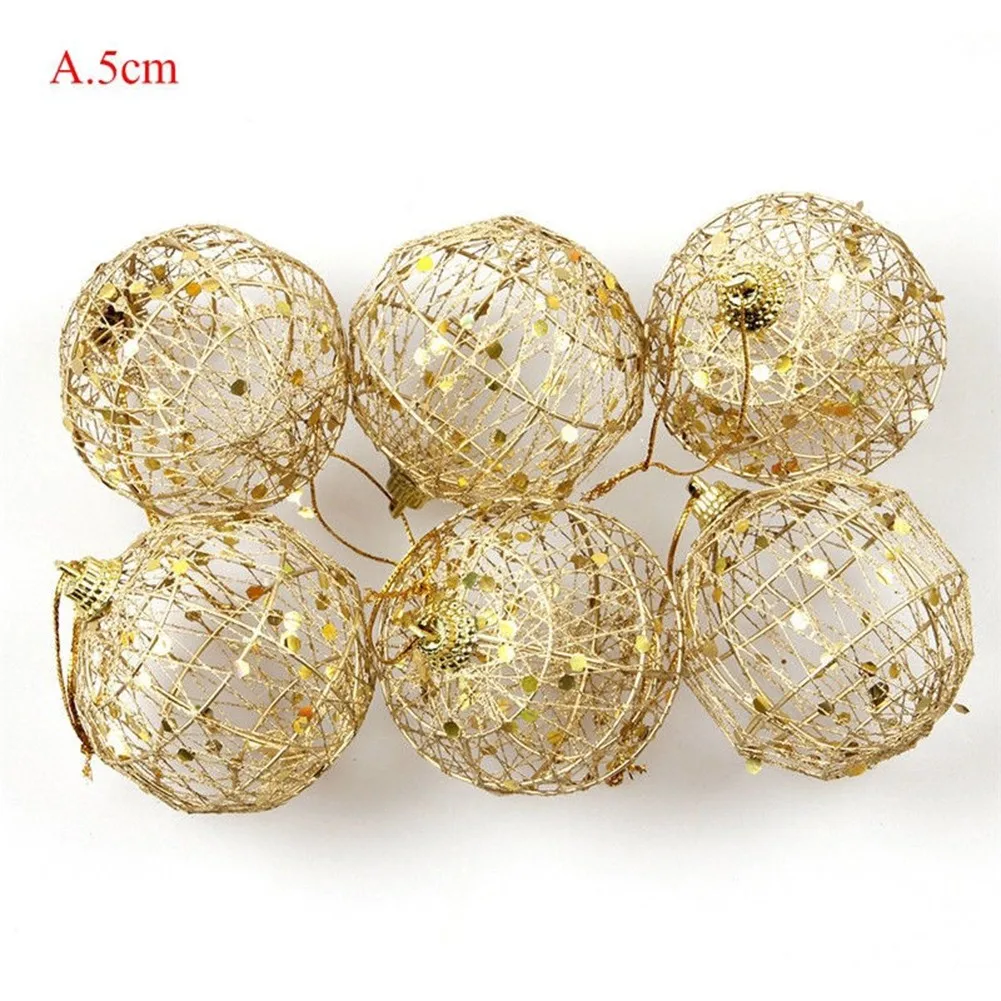 

6 PCS Christmas Tree Gold Ball Decorations Glittering Baubles Hanging Pendant For Home Xmas Party Ornament Wire 5 Or 6cm