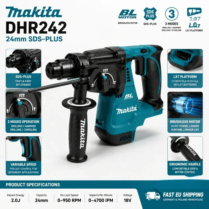 Trapano a percussione senza fili Makita DHR242 18V LXT, SDS-Plus 24mm per calcestruzzo, energia di impatto 2,0J, 4700 Ipm, utensile professionale per impieghi gravosi a 3 modalità, consegna rapida dal