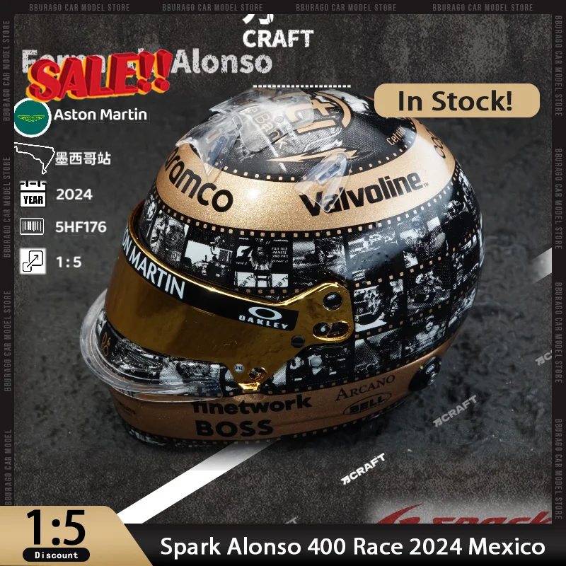 

New In Stock Spark 1:5 Alonso 400 Race 2024 Mexico Grand Prix Helmet Model 5hf 176 Resin Miniature Diecast Ornaments Custom Toy
