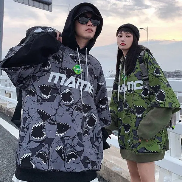 

4XL Fake Two-piece Pullover Hoodie Loose Full Print Thin Section Long Sleeve Couple Jacket for Men and Women 2022 New