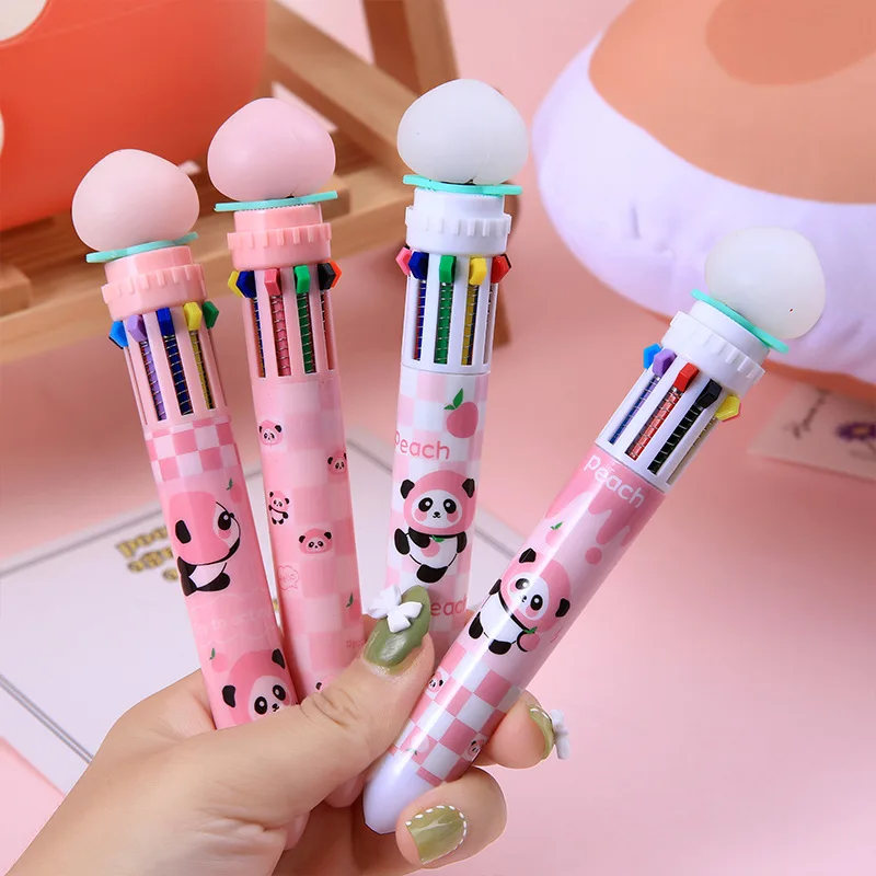 

10Pcs/Lot Cute Peach 10 Colors Ballpoint Pen Cartoon Panda Multicolor Oil Pen Student School Office Supplies Kawaii Stationery