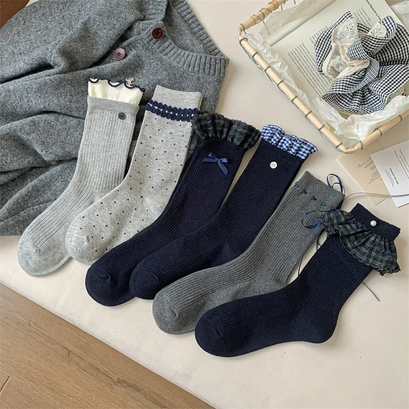 1 Pair 2025 Autumn and Winter New Cotton Socks Blue Gray Women's Mid Tube Socks Bow Korean Style Long Frilly Socks High Quality