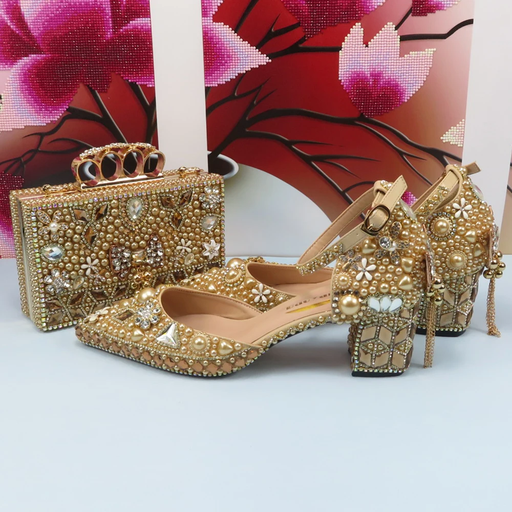 Luxury Champagne Golden Crystal wedding shoes matching bags woman fashion Thick heel Women party dress shoes Pointed Toe shoes