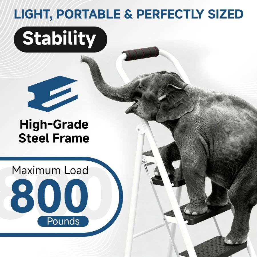 

Складная стремянка с широкими противоскользящими ступенями и толстыми резиновыми ножками, поручнем, системой SafeLock, портативная складная лестница