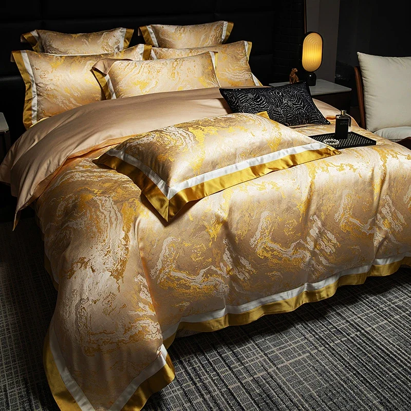 1000TC Cotton Luxury Black Gold Satin Jacquard Bedding Set Elegant Collection Duvet cover Bed Sheet Bedspread Pillowcases 4/7Pc