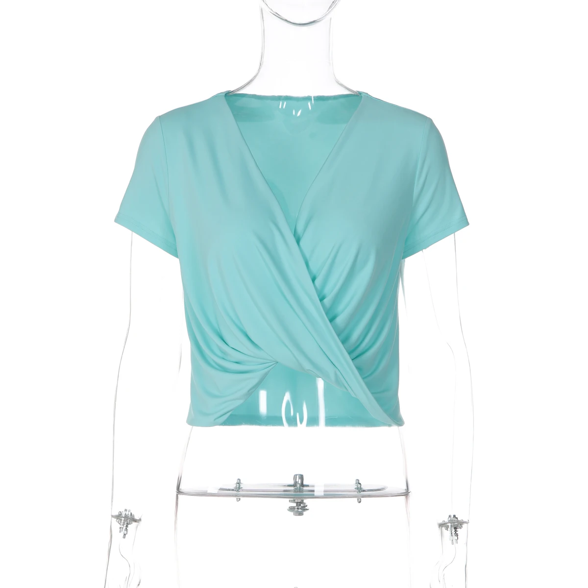 Hugcitar Damenmode, tiefer V-Ausschnitt, einfarbig, kurzärmelig, gerüscht, sexy Crop-T-Shirt, Top, Sommer, Strandurlaub, weibliches Outfit – Detail 2