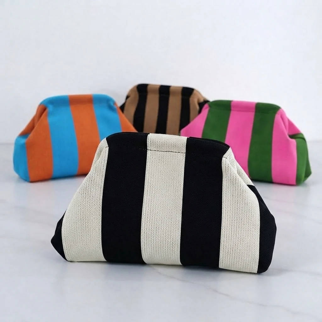 Multi-Purpose Travel Organizer Bag Striped Design |   Handheld Carry-All for Daily Essentials |   Portable Cosmetic Storage Pouch for Home and On-the-Go