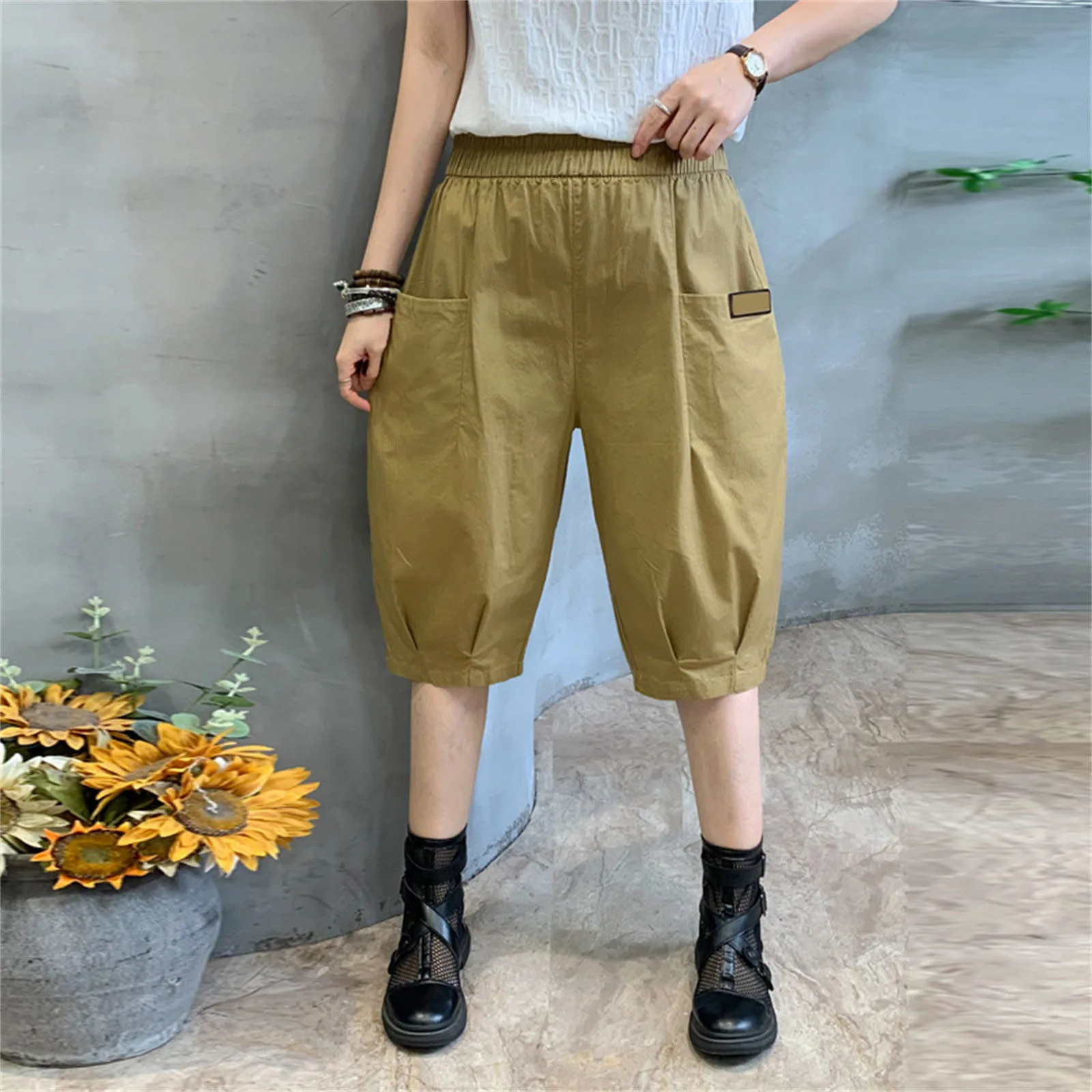 

Summer New Women's Dress Elastic Waist Popular Lantern Wide Leg Pants Cropped Shorts Fashion Loose Imitation Cotton Hemp Pants