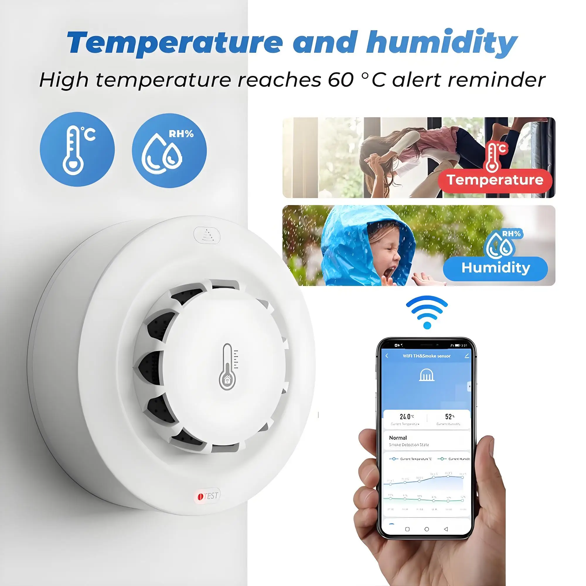 3-IN-1 Tuya Wifi BT Smoke Detector Temperature Humidity Measurement Device 80dB Sound Alarm RemotePush Alert Function Smart Life