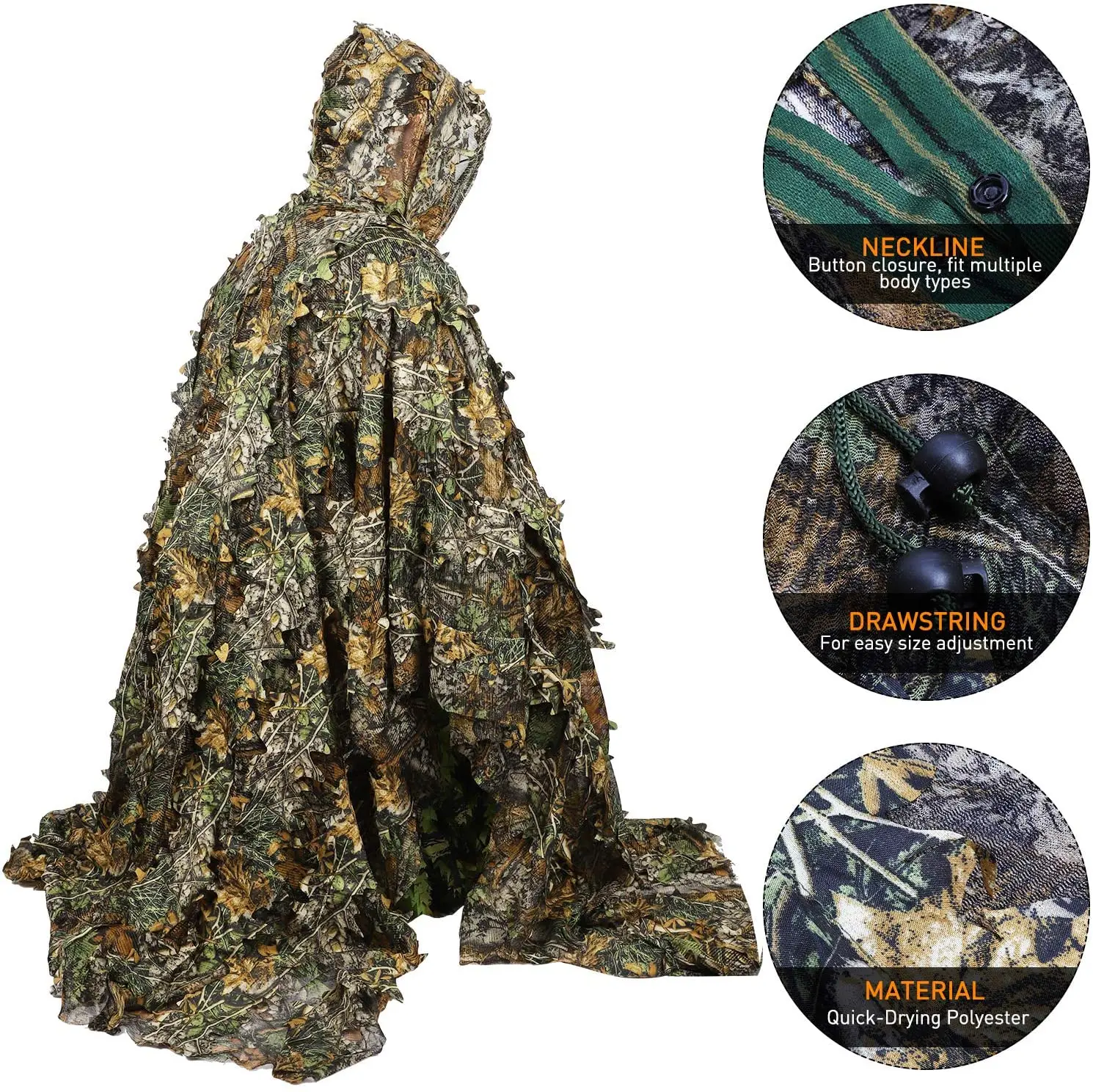 Camouflage Ghillie Poncho 3D Leaves Hunting Cape Camouflage Cloak Stealth Ghillie Suit for Military CS Woodland Hunting view 2