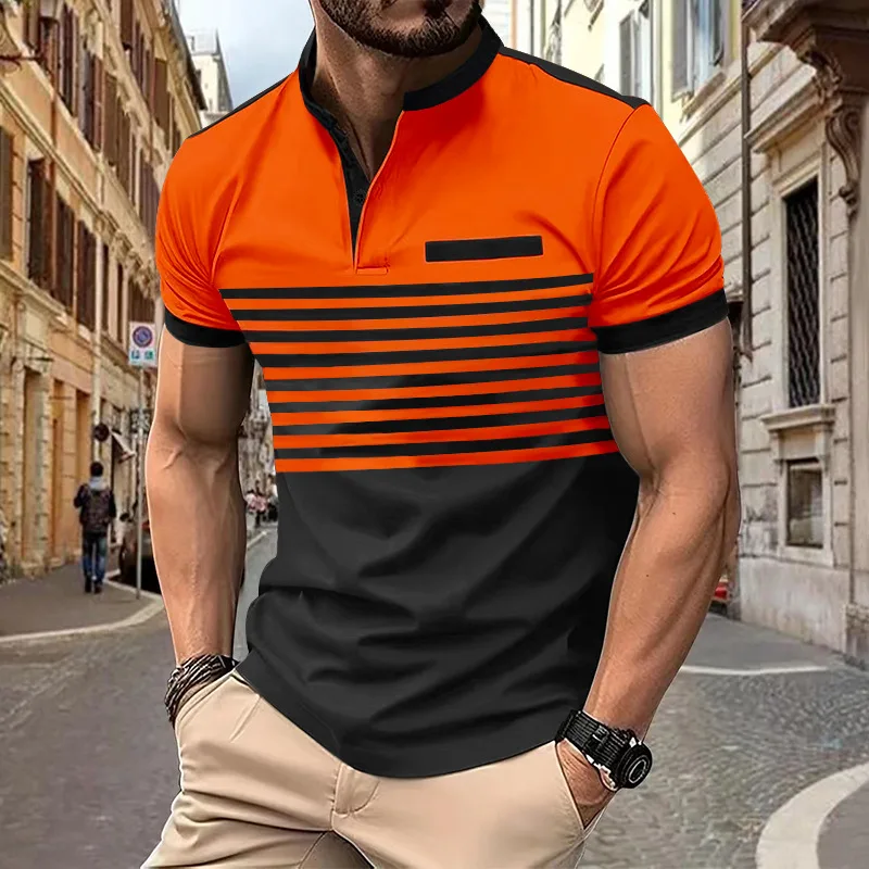 

Men's fashion short -sleeved striped stamps Poloshan casual lapel POLO shirt Zipper Tshirts &for Men Casual Streetwear New Male