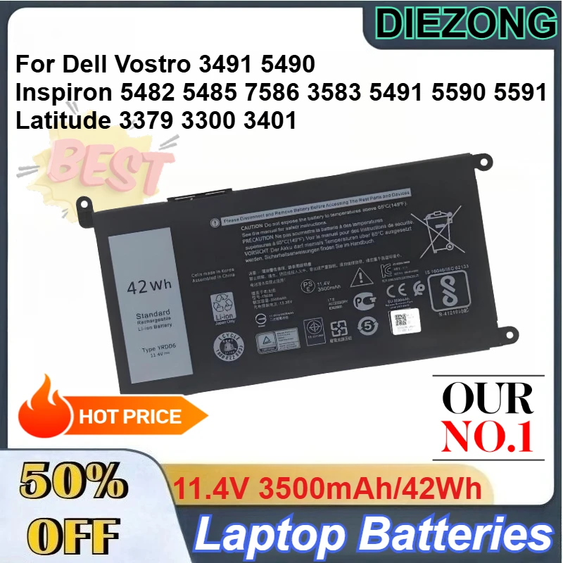 

11.4V 3500mAh/42Wh YRDD6 Battery for Dell Vostro 3491 5490 Inspiron 5482 5485 7586 3583 5491 5590 5591 Latitude 3379 3300 3401