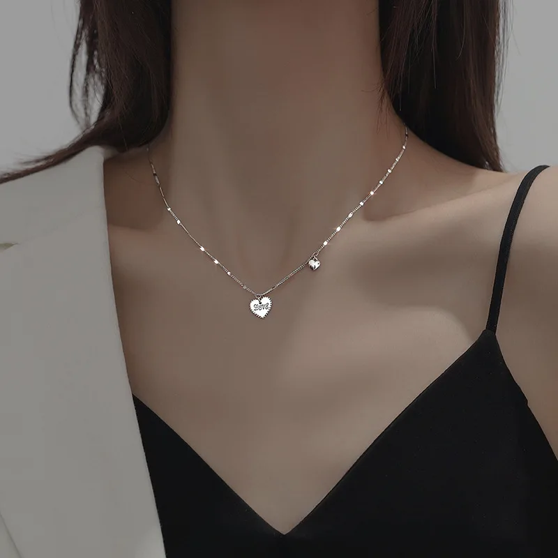 VENTFILLE Silver Color Love Asymmetric Chain Necklace for Women Sweet Temperament Party Jewelry 925 Stamp Gifts Dropship