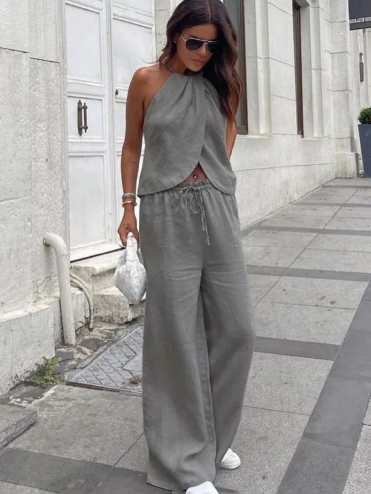 

Fashionable And Sexy Loose Gray 2-piece Women's Suit 2026 Summer Halter Sleeveless Vest High Waisted Wide Pants Suit Female