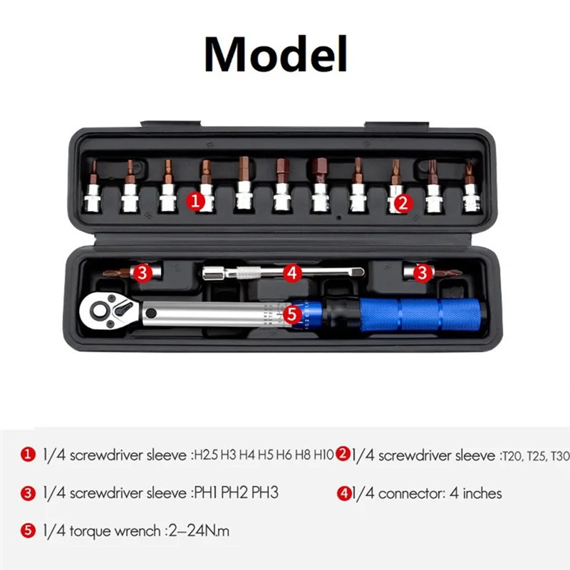 16-Piece Torque Wrench Set Hexagon Bi-Directional Adjustable 1/4 Inch Ratchet Wrench Maintenance Tool