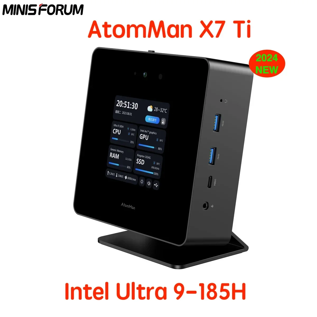 AtomMan Mini PC X7 Ti Ultra 9-185H 4 inch Screen 2*USB4 2*5G RJ45 Camera Oculink Window 11 WiFi 7 Gaming PC Mini Computer