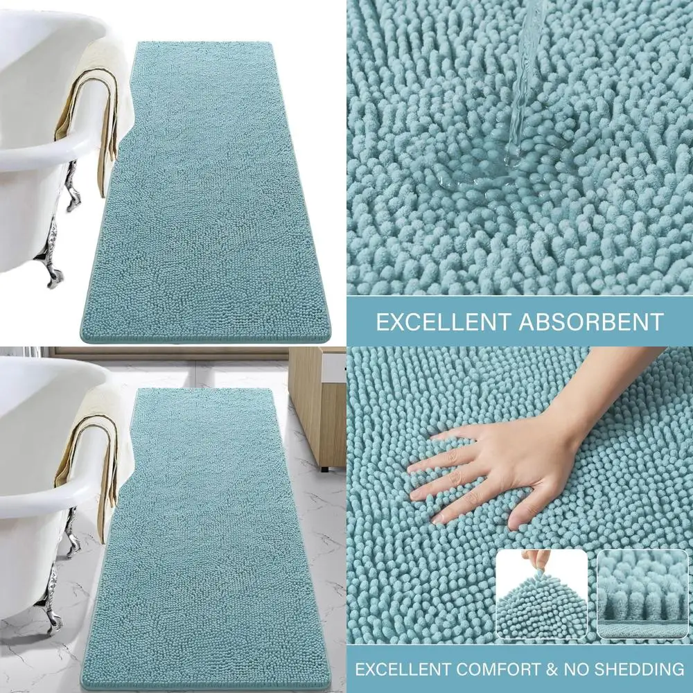 

24x70 Inch Shaggy Bath Mat, Washable Non-Slip, Plush Absorbent Chenille Carpet for Bathroom Shower, Spa Blue